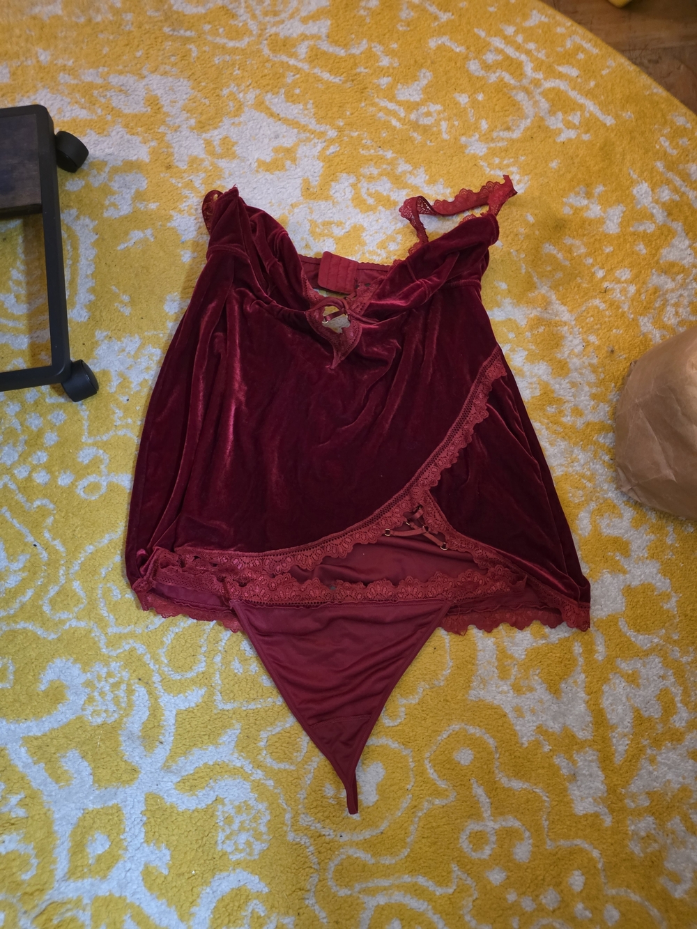 Fashion Nova Wine Red Velvet Lace Chemise Bodysuit